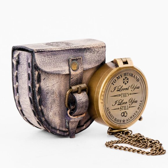 TO MY HUSBAND Brass Working Compass with 2-Inch Leather Cover Gift for Him - Picture 5 of 16